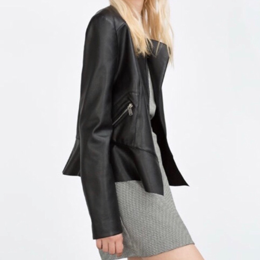 Zara blue/grey peplum faux leather jacket